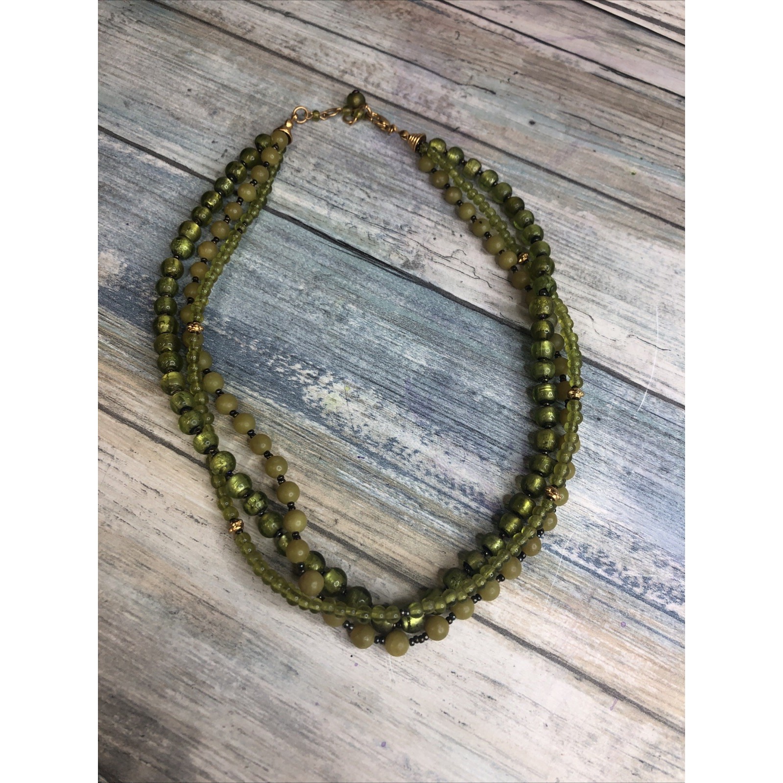 Triple Strand Green Beads Gold Tone Necklace Lobster Clasp Nwot 16